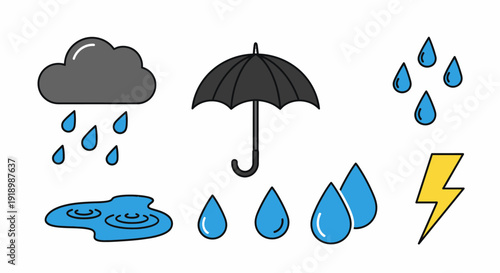 Rainy weather illustration with umbrella, cloud, raindrops, puddle, and lightning bolt graphic elements