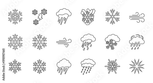 Weather icons collection featuring snowflakes, clouds, rain, wind, and sun symbols in various styles on a clean background via imagefx