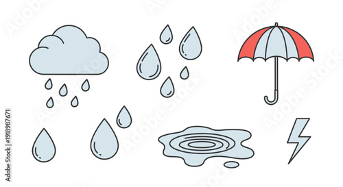 Illustration of rain cloud, raindrops, umbrella, lightning, and puddle forming a dramatic weather scene via ImageFX