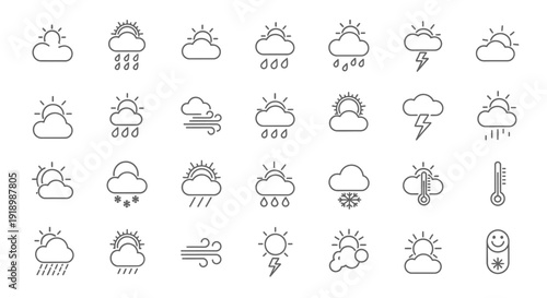 Collection of weather icons depicting various conditions like rain, sun, clouds, and storms in a simple line art style via ImageFX