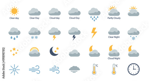 Weather Icons Set Illustrating Various Conditions and Forecast Symbols