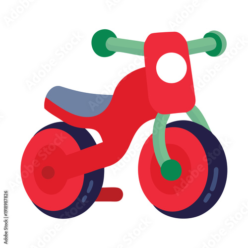 A vibrant and colorful toy motorcycle with large wheels and handlebars

