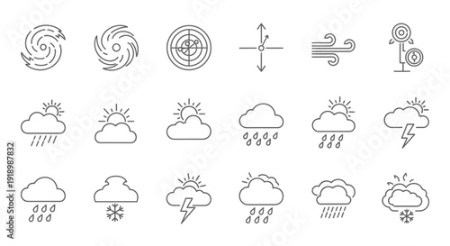 Collection of weather icons depicting various conditions like rain, wind, and storms via simple line illustrations