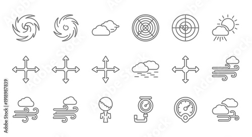 A collection of abstract and concrete icons representing various weather phenomena, natural disasters, and scientific concepts in a minimalist grayscale style via ImageFX