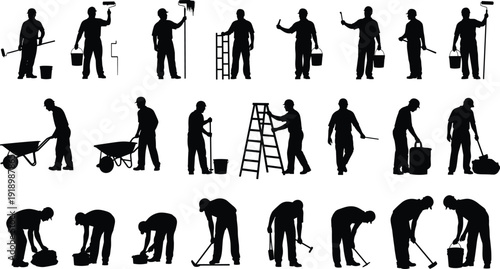 Black vector silhouette set of professional construction workers and painters using ladders wheelbarrows rollers and tools for industrial labor and home renovation branding