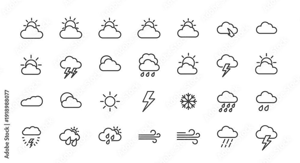 Fototapeta premium Collection of simple weather icons depicting various conditions including clouds, sun, rain, and lightning in a minimalist style
