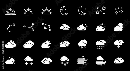 Collection of weather icons depicting various conditions like sun, moon, clouds, and storms in a simple white design on a black background via imagefx