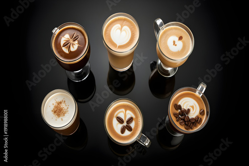 Six glasses of coffee with different designs on the foam toppings are arranged on a reflective surface