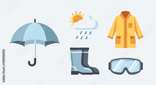 Assorted Rain Gear Items Including Umbrella, Boots, Jacket, and Goggles Displayed Together