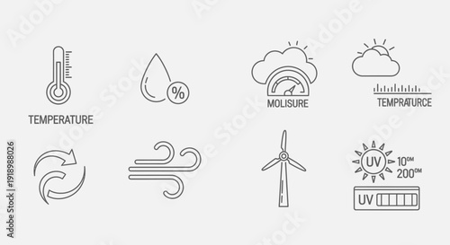 Vector illustration of weather and climate icons showcasing temperature, moisture, and wind in a graphic design