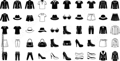 Black vector silhouette set of various clothing items and accessories including shirts pants jackets hats shoes and handbags for fashion retail and apparel branding