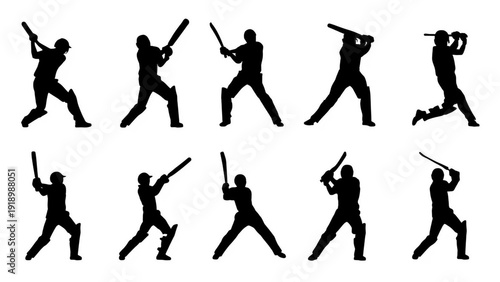 Cricket players in dynamic batting poses with cricket bats