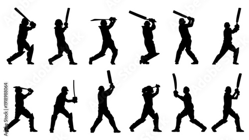 Cricket player silhouettes in various batting poses