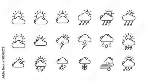 Collection of Simple Weather Icons Representing Various Climatic Conditions and Forecasts