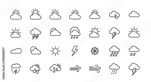 Collection of simple weather icons depicting various conditions including clouds, sun, rain, and lightning in a minimalist style