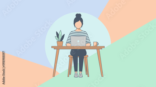 Young woman working remotely on laptop at wooden desk with plant
