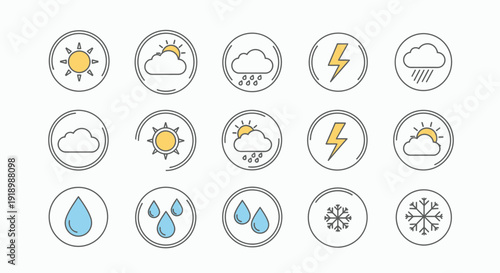 ImageFX Auto-Generated Weather Icons Featuring Sun, Cloud, Rain, Lightning, and Snow Symbols in a Grid Layout via RJ