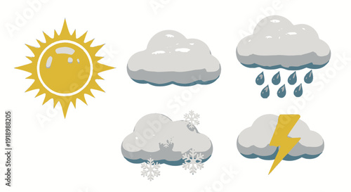 Illustration of various weather conditions including sun, clouds, rain, snow, and lightning, showcasing different climate elements in a single scene via ImageFX