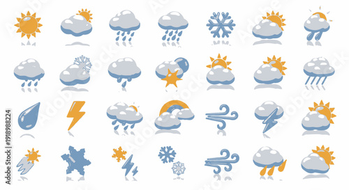 Collection of weather icons depicting various conditions like rain, sunshine, clouds, and storms in a simple, graphic style