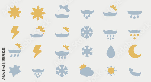 Collection of weather and climate icons featuring sun, moon, snow, rain, and lightning in a grid layout
