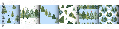 Christmas Tree seamless pattern background, ornament cards, poster collection. Holidays wrapper typography design, Template for advertising, web, social media, web