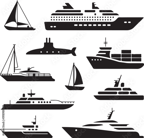 black and white silhouettes of various boats and ships on white background