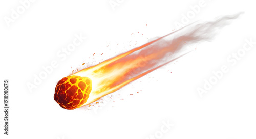 A single fiery meteor or asteroid falling down, isolated on white or transparent background. PNG