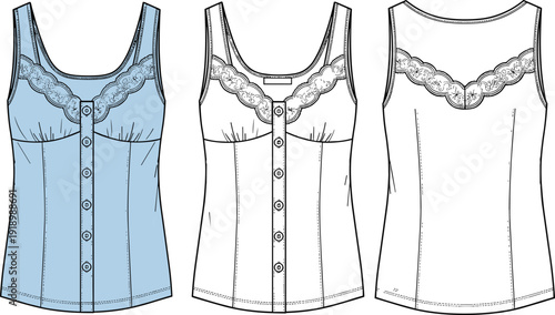 Vector line art illustration of a sleeveless lace trim camisole top with front buttons shown in blue and white for fashion design apparel branding