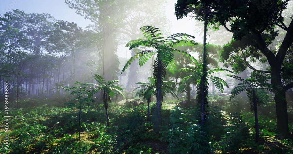 Naklejka premium sunlit tropical rainforest alive with ferns and dense undergrowth, humid atmosphere highlighting biodiversity for field research, conservation and eco tourism