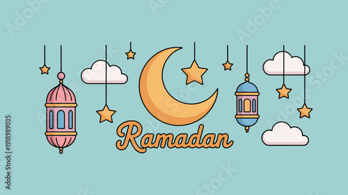 Cartoon crescent moon Ramadan greeting background vector illustration