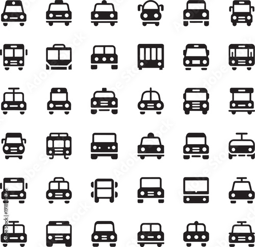 Set of black silhouette icons representing various types of cars and vehicles