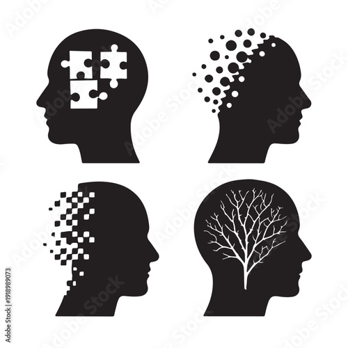 Four human head silhouettes representing mental health, memory loss, and cognitive growth.