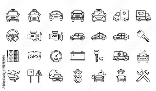 Professional Civil Car Linear Icons – Editable Stroke Vector Set EPS10