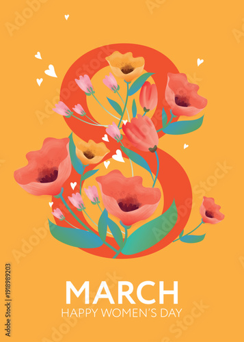 International Womens Day greeting card with flowers. Promotion and shopping template for 8 March and womens day concept, vector illustration