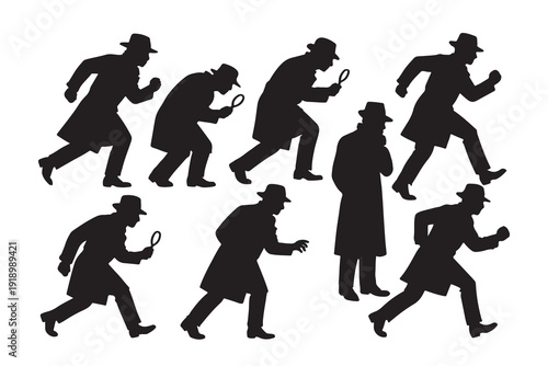 Black silhouettes of classic private investigators in various action and searching poses