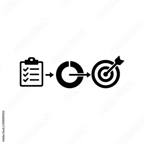 Goal achievement process with checklist, progress chart, and target symbol