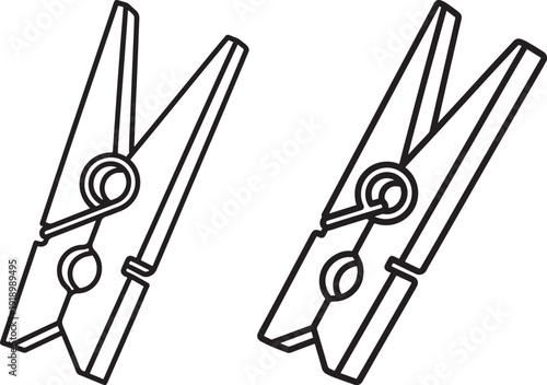 Two wooden clothespins, laundry pinning clips outline illustration, isolated on white background, vector graphic