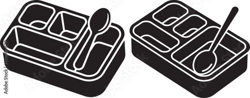Black and white icon set of two food trays with spoons, symbolizing meal service, school lunches, and cafeteria dining.