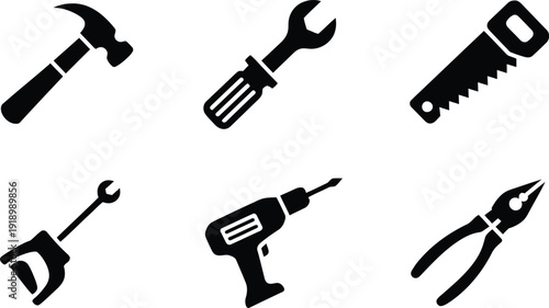 Set of 6 Black Construction Tools Icons Vector Graphic
