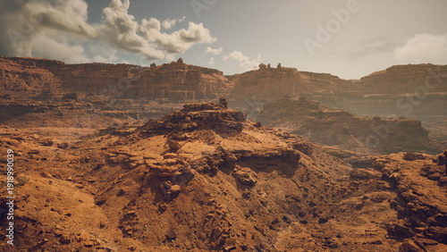 rugged desert ridge with survey vehicle on dusty trail, rocky terrain and dramatic cloudscape, panoramic ochre landscape conveying scale and isolation,