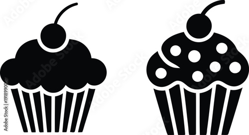Cupcake Icons: Black and White with Cherry Topping