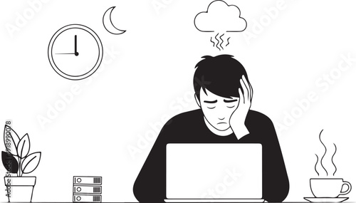 Stressed man working late at a desk with a laptop tired