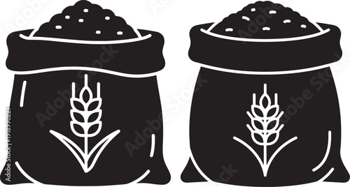 Black and white illustration of two sacks of grain, featuring wheat ears, representing agriculture, harvest, and food production.
