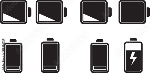 Mobile phone battery icon set. Includes low battery, empty battery, and charging symbols. Created in simple line style with black and white palette.