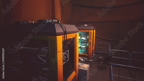 Obraz na plátně neon lit industrial cooling bay with glowing cabinets and circular fans, mainten