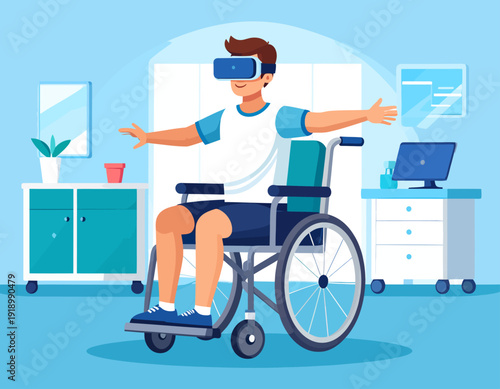 A person in a wheelchair using a VR headset for virtual reality rehabilitation therapy in a medical setting.