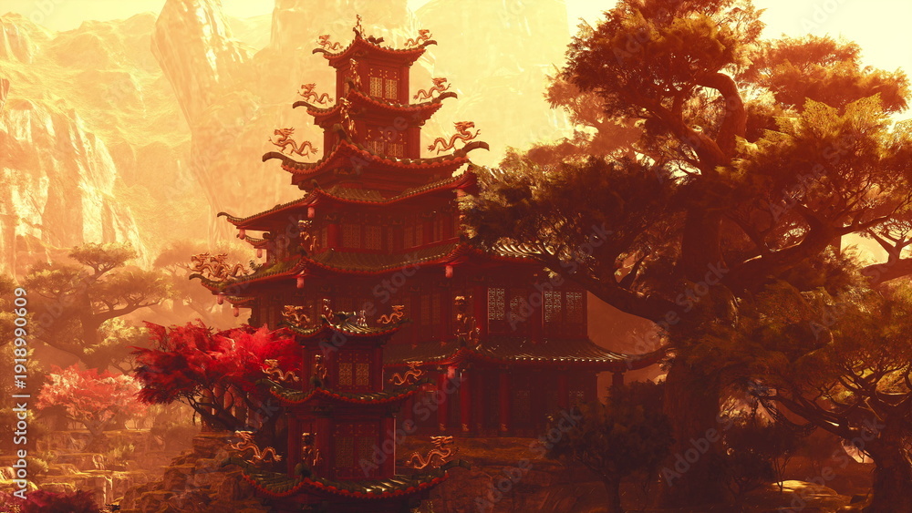 Obraz premium silhouetted mountain pagoda against warm canyon, tiers cut into golden light, rugged cliffs and sparse pines framing dramatic skyline, deep shadows adding moody