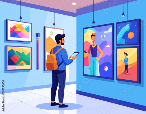 A man with a backpack viewing colorful artworks in a modern art gallery.