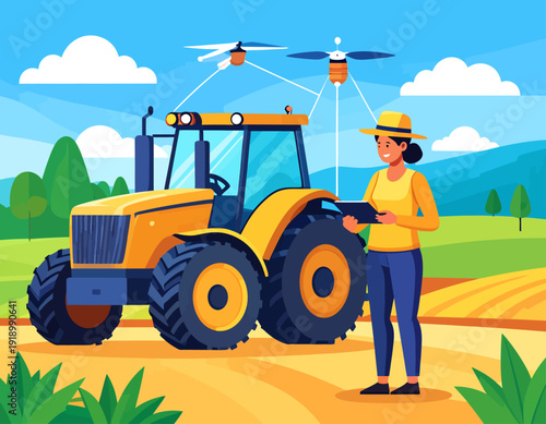 A female farmer uses a tablet to control drones for smart farming operations next to a yellow tractor in a sunny agricultural field.