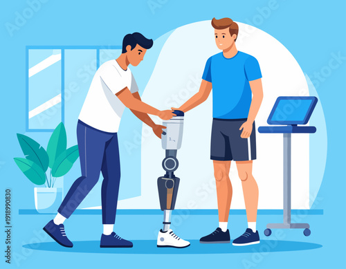 Professional physiotherapist assisting a patient with a high-tech bionic prosthetic leg in a modern rehabilitation clinic setting.